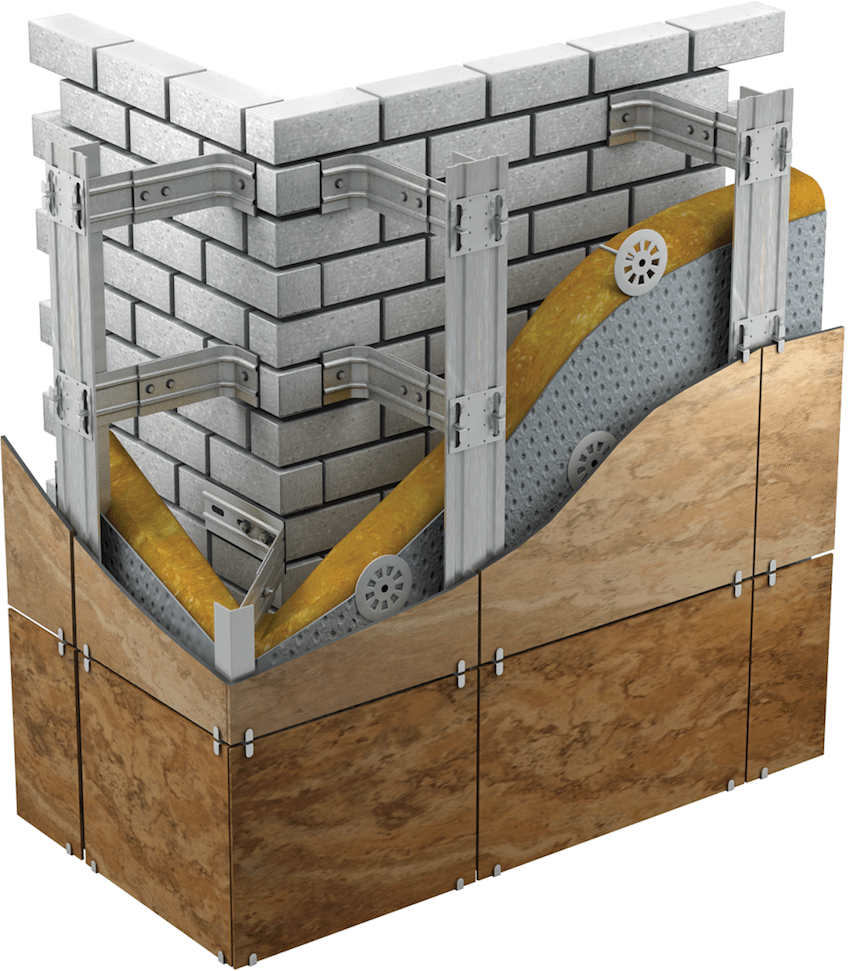 Scheme of exterior wall decoration with facade panels with insulation and vapor barrier