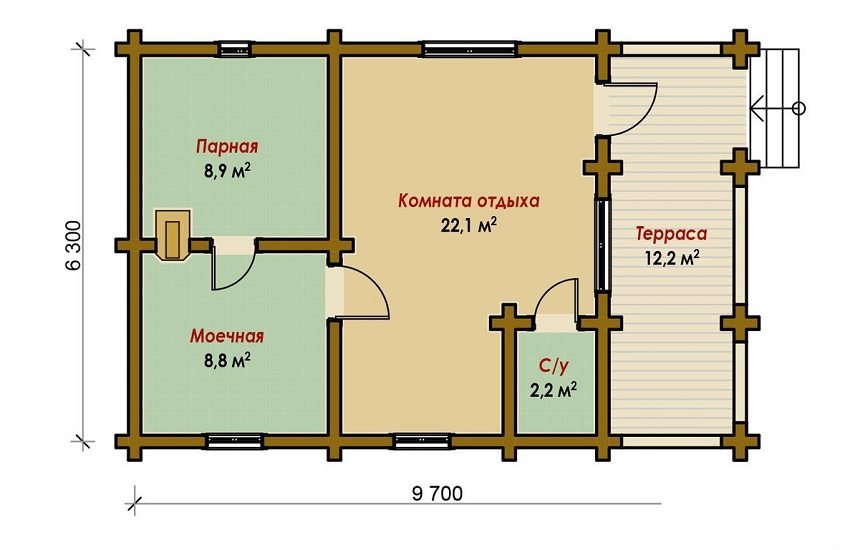 Sauna-projekt 9,7 x 6,3 m med afslapningsrum og terrasse