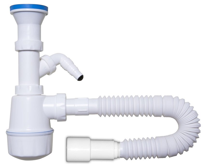 Plastový sifón pre kanalizáciu s odbočným potrubím na pripojenie odtoku práčky