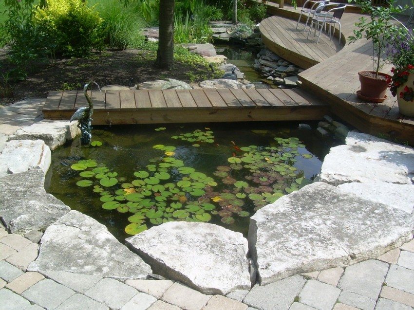 The pond is surrounded by wooden and stone paths