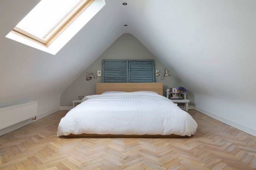 Parquet on the floor of the bedroom in the attic