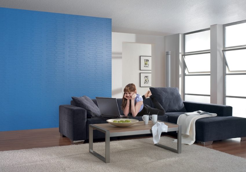 One of the walls of the living room is covered with glass wallpaper and painted blue