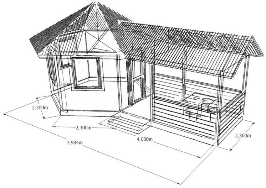 Proiectul unei foișoare-bucătărie din lemn cu o mică terasă-sufragerie