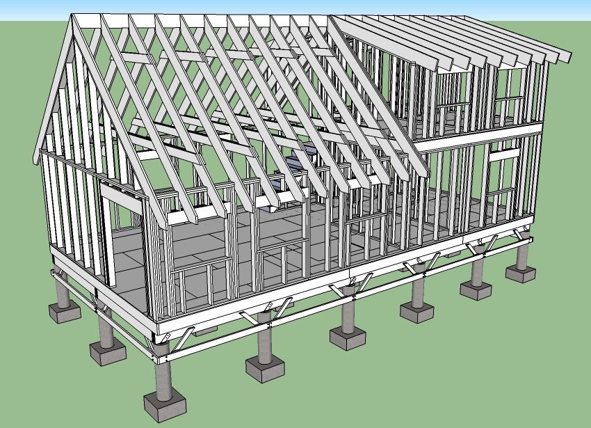 The project of a frame house on a columnar foundation, created in a three-dimensional program