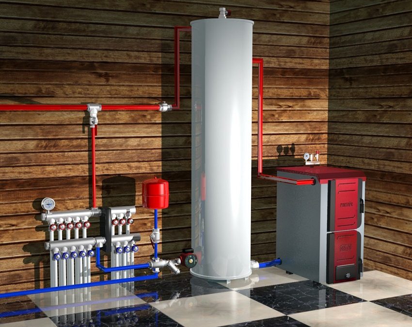 The modern boiler room is equipped with a double-circuit solid fuel boiler with a storage tank for hot water
