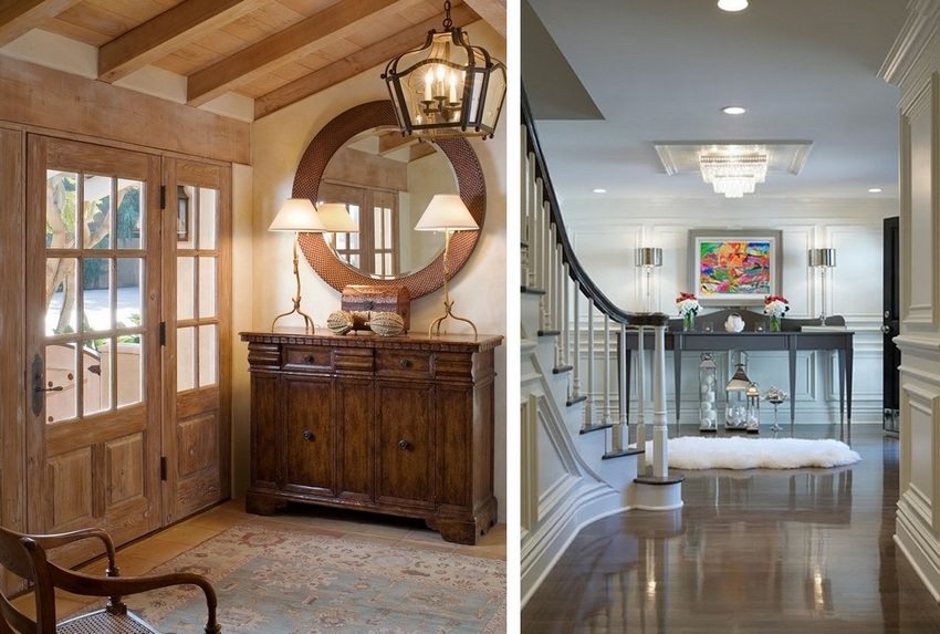 Various types of ceiling finishes in the hallway of a private house