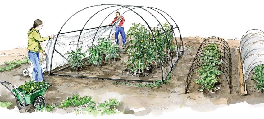 It is recommended to cover the greenhouse frame with a film at a temperature of 16-18 ° C, which will help eliminate material sagging