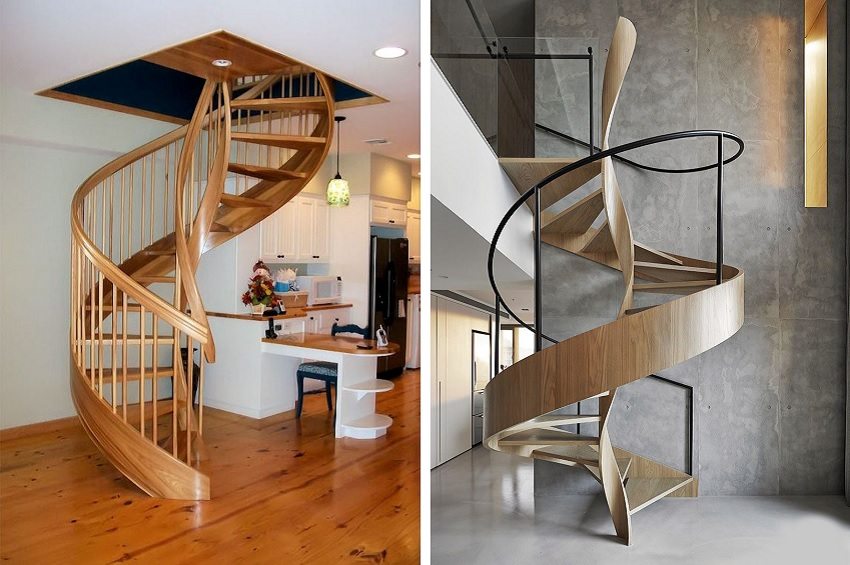 Wooden spiral staircases on bent bowstrings