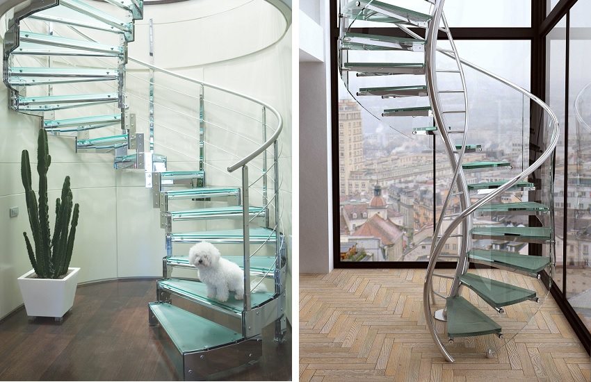 Glass and stainless steel spiral staircases look light and airy