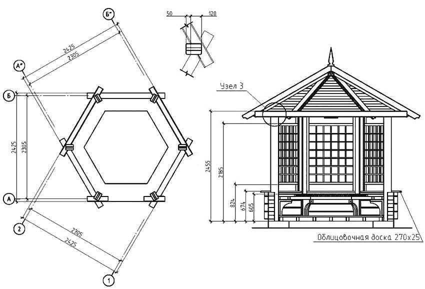 Drawing of a hexagonal arbor with dimensions
