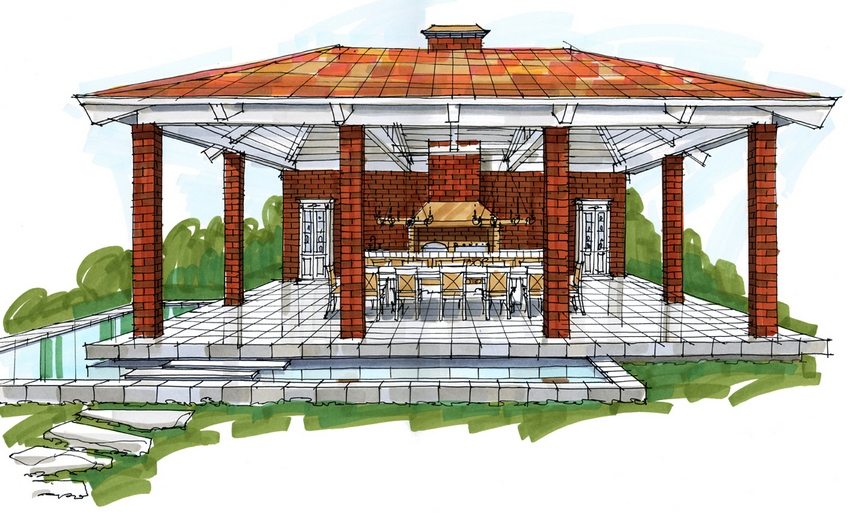 Sketch of an open gazebo with a stove