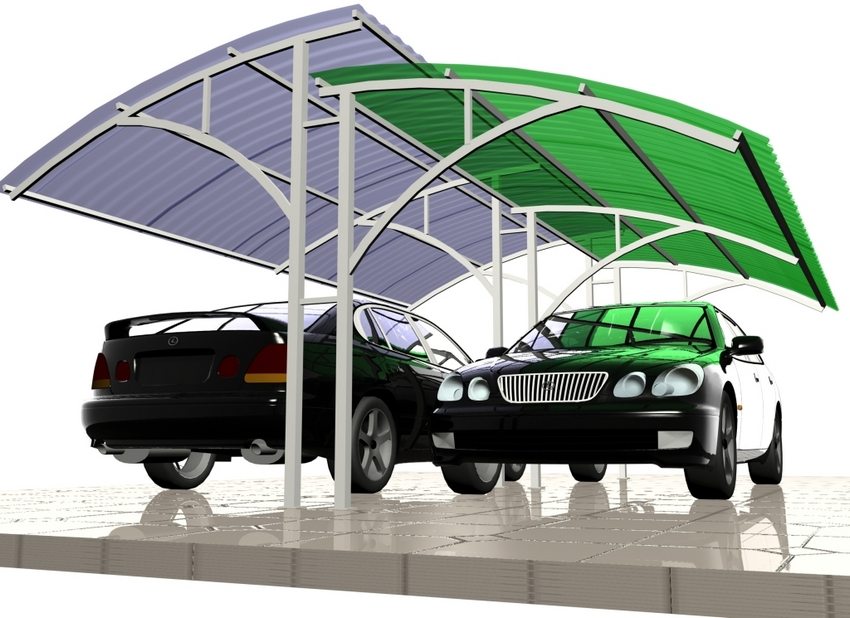 3D-prosjekt av en carport i gårdsplassen til et privat hus designet for to biler