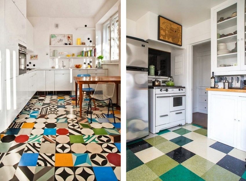 Various options for using multi-colored floor tiles in kitchen design