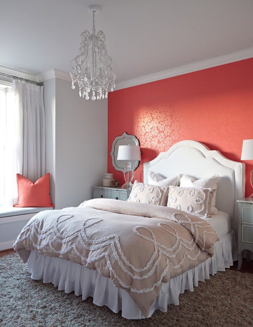 An example of combining gray and coral wallpaper
