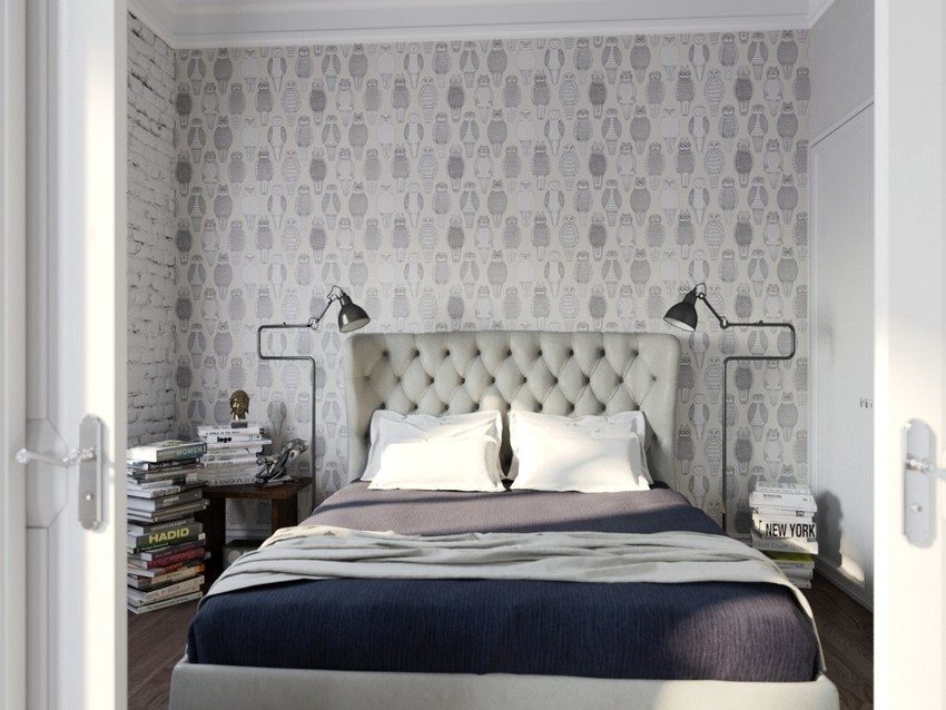 Wallpapers of two types in the interior of the bedroom, decorated in various shades of gray