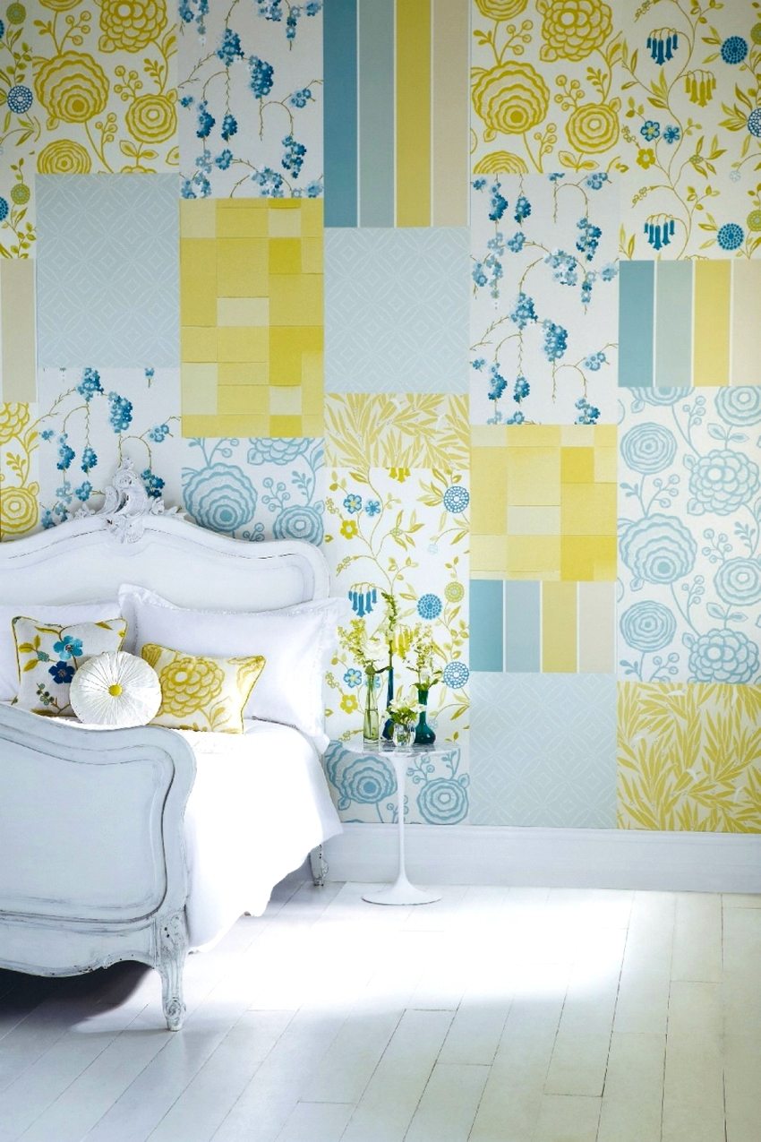 The walls in the bedroom are decorated with several types of wallpaper in a patchwork technique