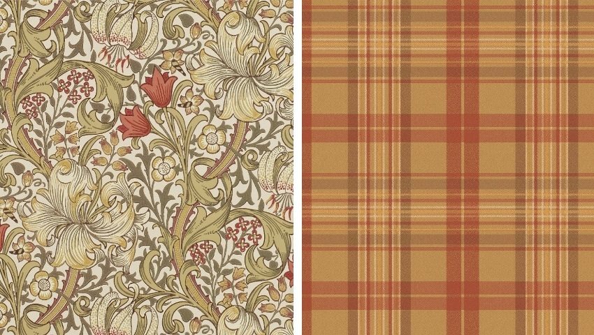 Floral ornamentation and tartan look great paired with plain wallpaper