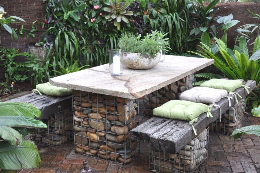 Garden furniture made of stone gabions