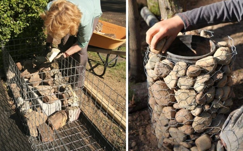 Filling the gabion frame with stones with your own hands