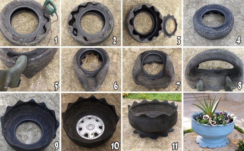 Stages of creating a flowerpot on a leg from a car tire