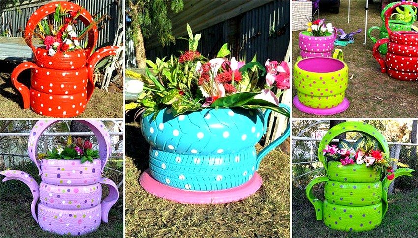 Various options for flower beds, made in the form of tea set items