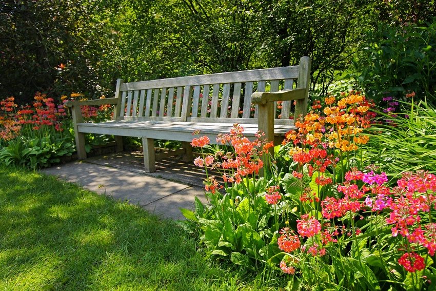Flower beds adorn the garden recreation area