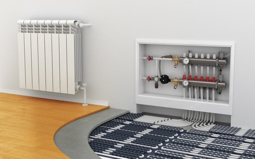 Chauffage combiné dans un appartement utilisant des radiateurs et un plancher chauffant à eau