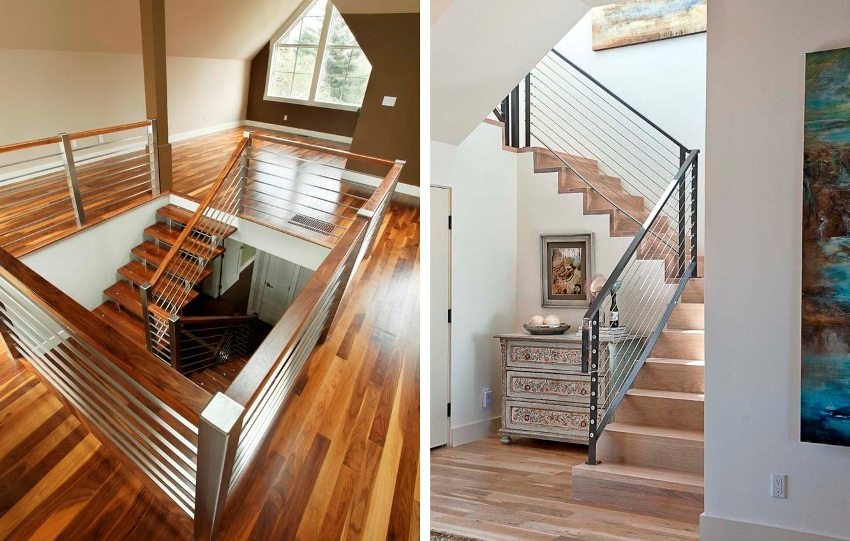 Stainless steel railing with square cross section is used for staircases