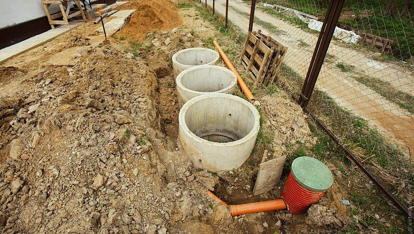 Installation of a three-chamber septic tank made of reinforced concrete rings
