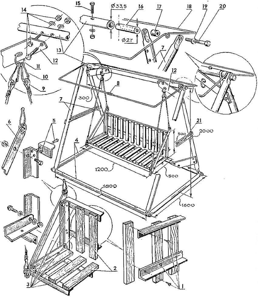 Schemat huśtawki ogrodowej: 1 - śruby do mocowania oparcia i pasów siedziska; 2 - paski; 3 - narożniki ramy fotela bujanego; 4 - pręt podstawy huśtawki; 5 - nity; 6 - listwa łącząca sztywność siedzenia i zawieszenie siedzenia; 7 - boczne pręty farmy huśtawki; 8 - połączenie końcówek ramy nośnej markizy; 9 - linka do zawieszenia bujaka; 10 - karabinek; 11 - pierścień; 12 - usztywnienie klinowe; 13 - górny pręt farmy huśtawki; 14 - śruby łączące z podkładkami i nakrętkami; 15 - śruba mocująca wkładkę; 16 - wkładka z otworem i gwintem wewnętrznym pod śrubę łączącą; 17 - podkładka dystansowa szeroka; 18 - rama nośna do markizy; 19 - podkładka; 20 - śruba łącząca belkę górną z bocznymi; 21 - poprzeczka - 2 szt. (taśma stalowa ze śrubami)