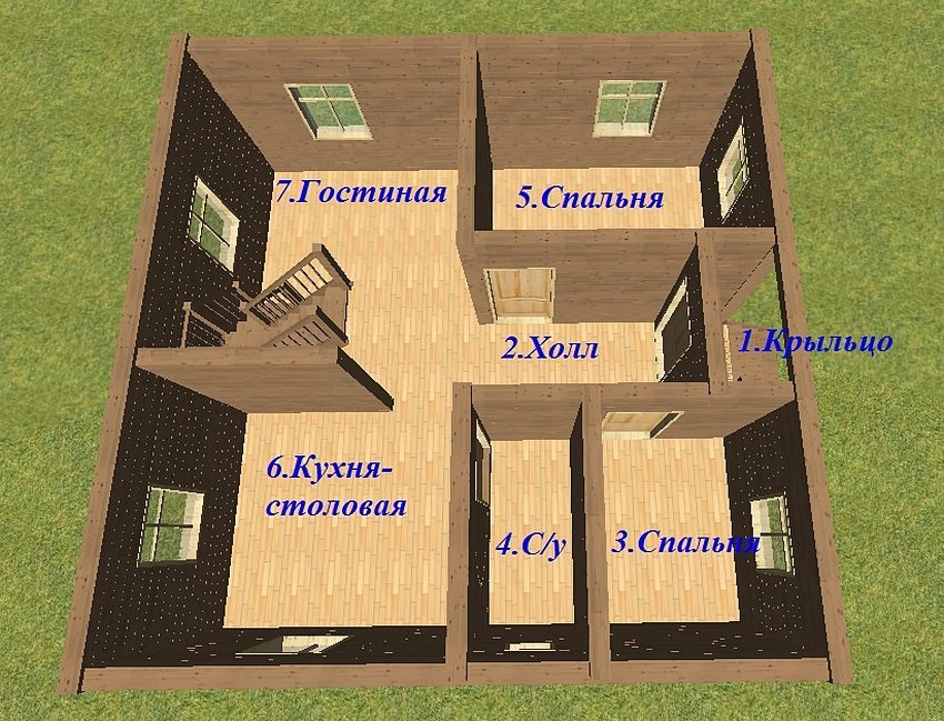 En variant av lokaliseringen av lokaler i første etasje i et hus laget av tømmer