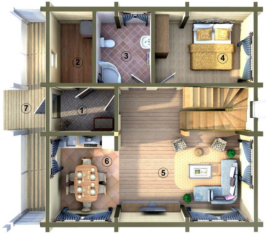 Prosjekt av et toetasjes hus 6x6 m. Første planløsning: 1 - entré; 2 - verktøyblokk; 3 - bad; 4 - soverom (barnehage, studie); 5 - stue; 6 - kjøkken