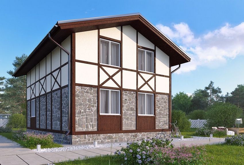 3D-prosjekt av et 6x6 hus, hvor første etasje er laget av stein