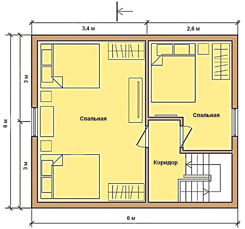 An example of a second floor plan of a house 6 by 6 m