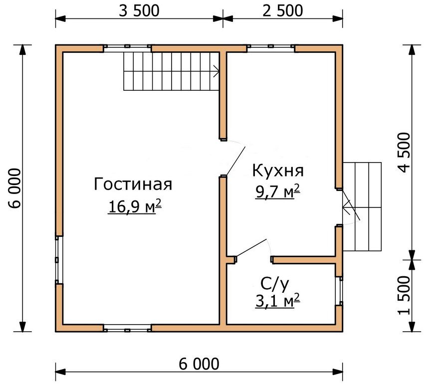Planen for første etasje i et toetasjes hus 6 x 6 m