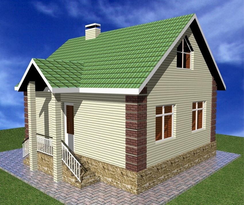 3D-prosjekt av et to-etasjes hus med et lite område