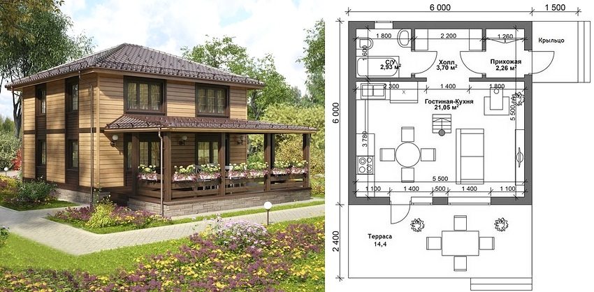 Planen for et to-etasjes hus 6x6 med veranda og en stor terrasse
