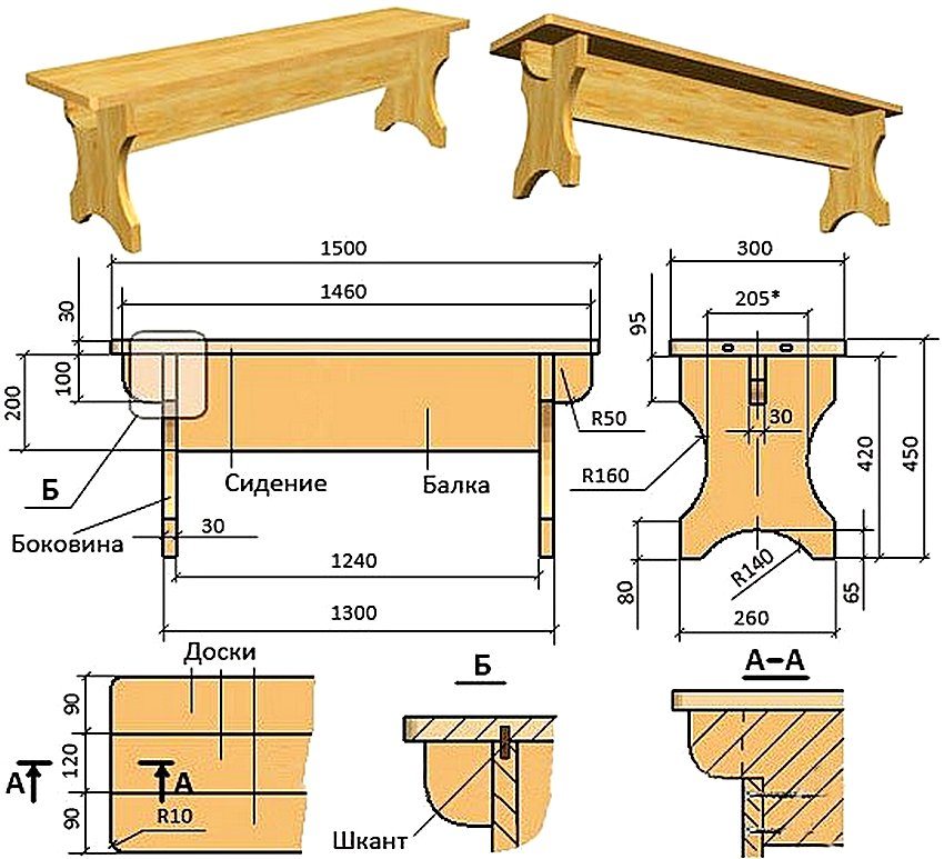 Drawing of a simple wooden bench for the garden