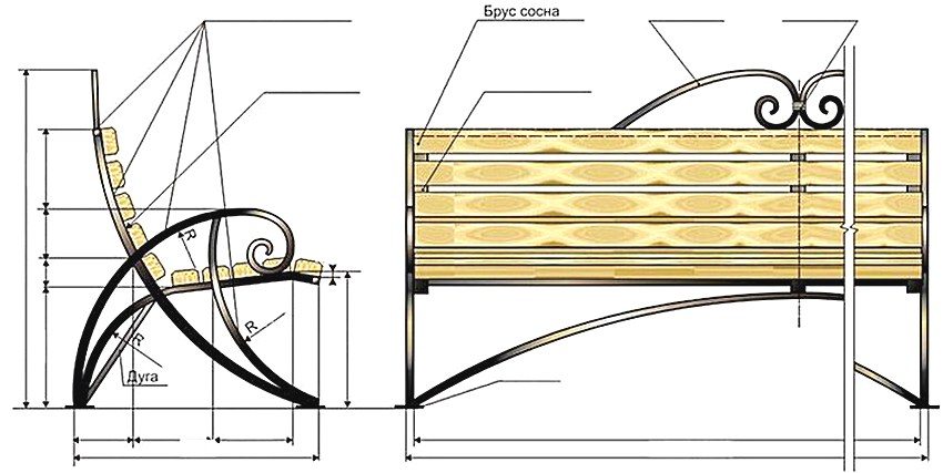 Basic drawing of a garden bench with a metal frame and a seat made of wood