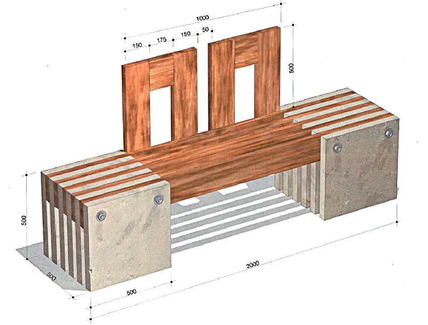 Figure: 1-1. Diagram of the device of a garden bench made of wood and concrete slabs with mounting dimensions