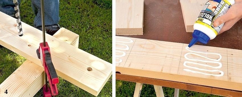 Figure: 1-3. The procedure for making a garden bench from wood and concrete slabs: 4 - preparation of backrest parts for assembly; 5 - applying glue