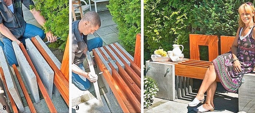 Figure: 1-5. The procedure for making a garden bench from wood and concrete slabs: 8 - assembly of the main part; 9 - insertion and fastening of threaded rods
