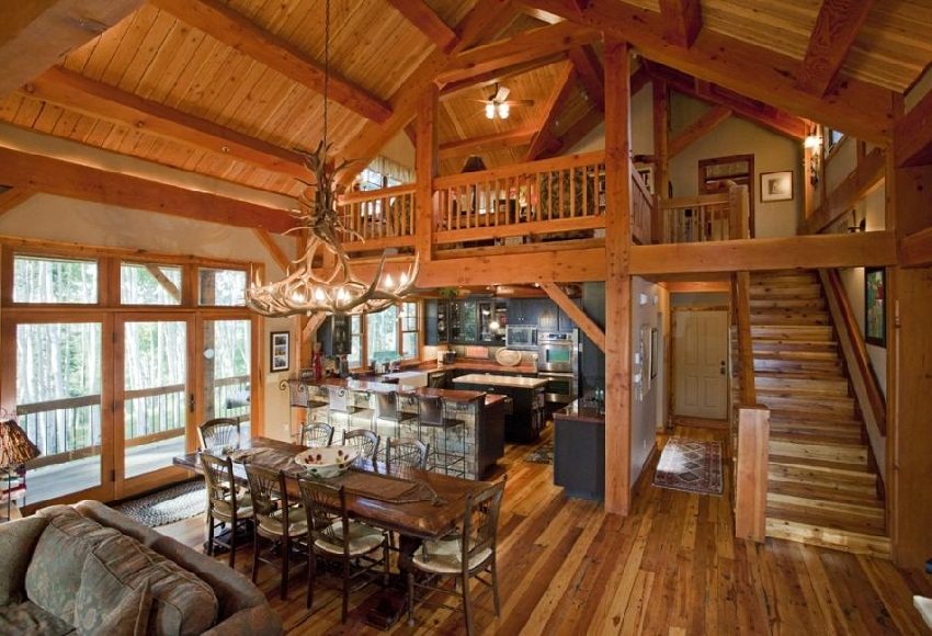 Interior with an abundance of wooden materials and decorative elements