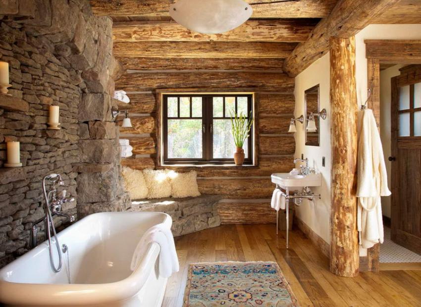 The bathroom is decorated with stone and wooden frame
