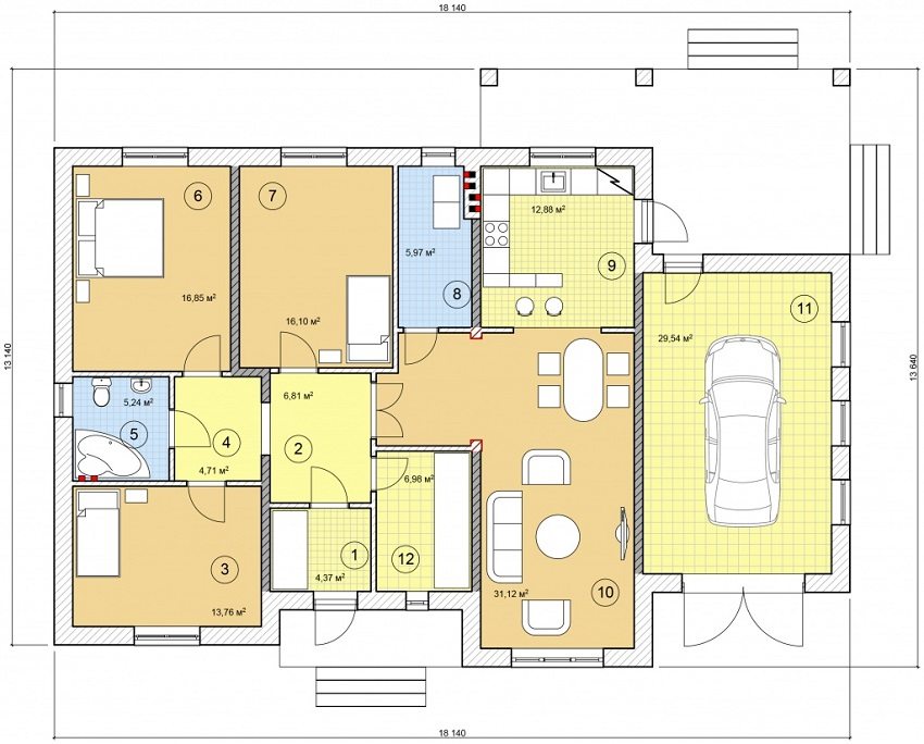 Projekt jednokatnice s garažom i prikladnim rasporedom: 1 - predvorje, 2 - predsoblje, 3 - spavaća soba, 4 - hodnik, 5 - kupaonica, 6 - spavaća soba, 7 - spavaća soba, 8 - praonica, 9 - kuhinja, 10 - dnevni boravak-blagovaonica , 11 - garaža, 12 - svlačionica