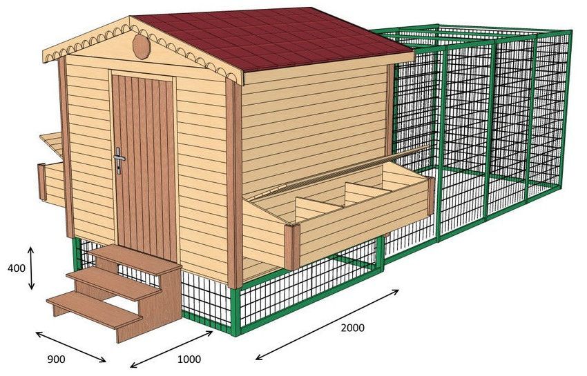 3D-model of a winter chicken coop with a bird house and a walking area