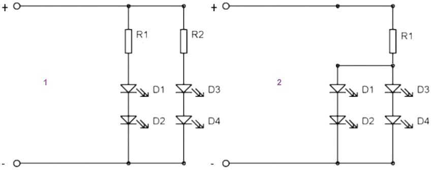 Diagrams of parallel connection of LEDs. In option 1, a separate resistor is used for each circuit of diodes, in option 2 - one common for all circuits