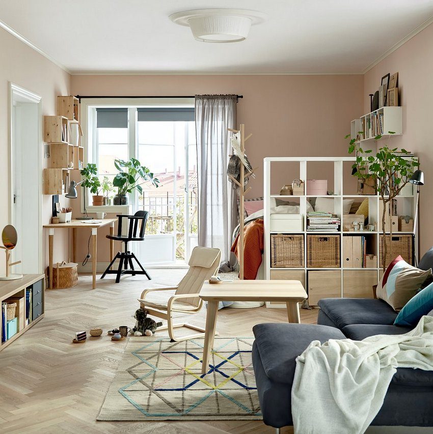 Et eksempel på å bruke et stativ som en dekorativ skillevegg i en liten leilighet