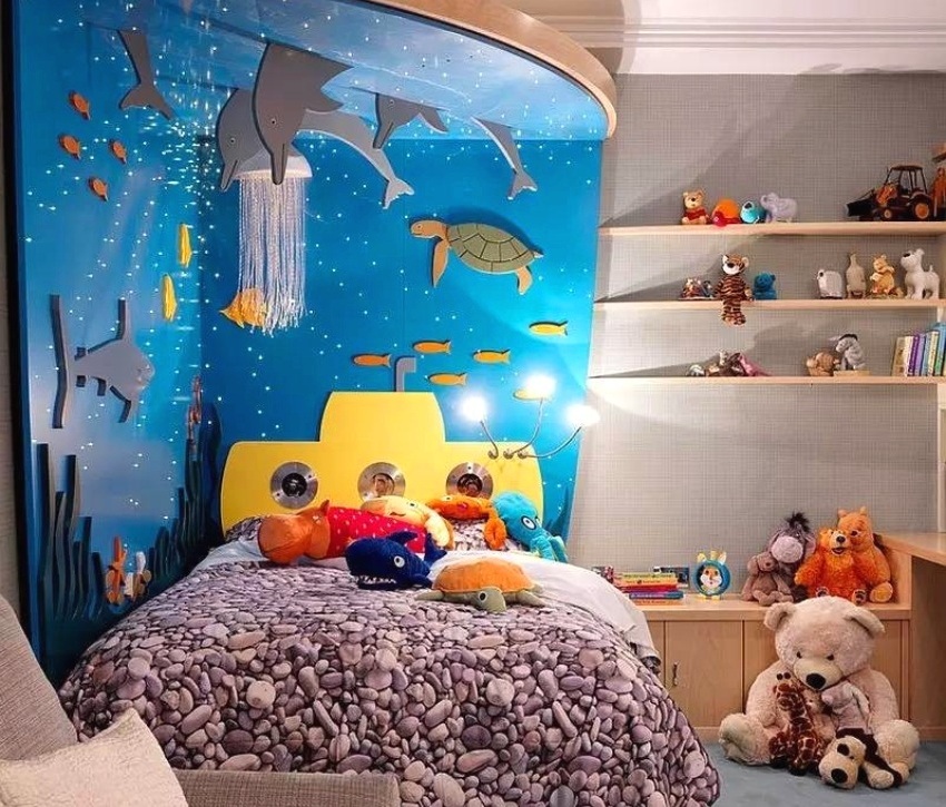 3D panorama of the underwater world in the boy's room