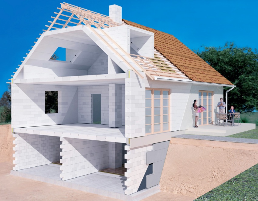 3D rendering of a two-storey cottage built from blocks